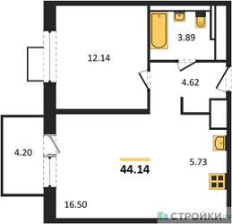 Планировка однокомнатной(квартира) площадью 44.14 квадратных метров в ЖК “ЖК Алхимово”
