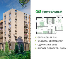 Планировка трехкомнатной(квартира) площадью 68.6 квадратных метров в “ЖК G3 Театральный”