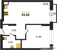Планировка однокомнатной(квартира) площадью 43.6 квадратных метров в “ЖК Первый квартал”