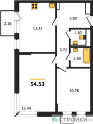 Планировка двухкомнатной(квартира) площадью 54.53 квадратных метров в ЖК “ЖК Подольские кварталы”