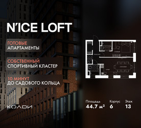 Планировка двухкомнатной(апартаменты) площадью 44.7 квадратных метров в ЖК “ЖК N’ICE LOFT (Найс Лофт)”