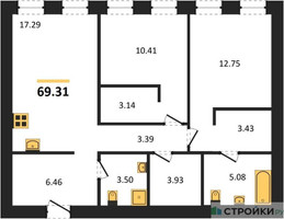 Планировка двухкомнатной(квартира) площадью 69.31 квадратных метров в “ЖК Insider (Инсайдер)”