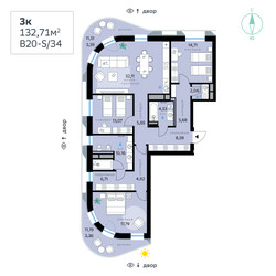 Планировка трехкомнатной(квартира) площадью 132.71 квадратных метров в ЖК “СберСити в Рублево-Архангельском”