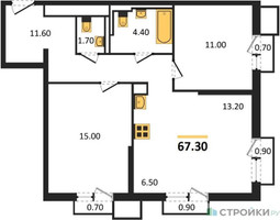 Планировка двухкомнатной(квартира) площадью 67.3 квадратных метров в “ЖК Sky Sputnik (Скай Спутник)”