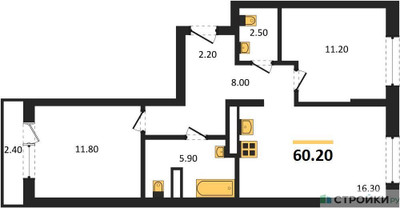 Планировка двухкомнатной(квартира) площадью 60.2 квадратных метров в ЖК “ЖК Первый квартал”