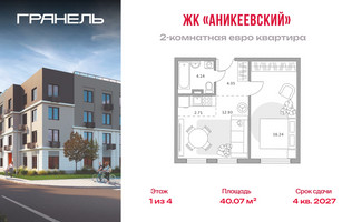 Планировка двухкомнатной(квартира) площадью 40.07 квадратных метров в “ЖК Аникеевский”
