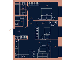 Планировка трехкомнатной(квартира) площадью 67.6 квадратных метров в ЖК “Квартал Эра”