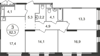 Планировка трехкомнатной(квартира) площадью 82.3 квадратных метров в “ЖК Первый Московский”