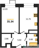 Планировка однокомнатной(квартира) площадью 35.34 квадратных метров в “ЖК Новотомилино”