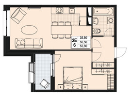Планировка двухкомнатной(квартира) площадью 50 квадратных метров в “ЖК Атлантис”