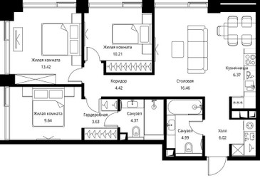 Планировка трехкомнатной(квартира) площадью 79.53 квадратных метров в ЖК “ЖК Сити Бэй”