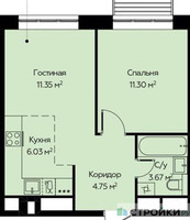 Планировка однокомнатной(квартира) площадью 37.1 квадратных метров в “ЖК Новоград Павлино”