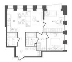 Планировка двухкомнатной(квартира) площадью 69.4 квадратных метров в “ЖК Pave (Пэйв)”