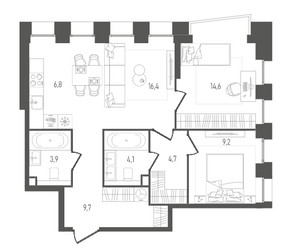 Планировка двухкомнатной(квартира) площадью 69.4 квадратных метров в ЖК “ЖК Pave (Пэйв)”