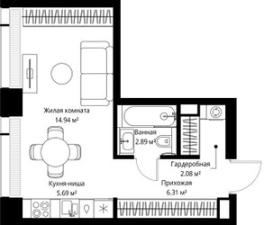Планировка студии(квартира) площадью 31.91 квадратных метров в ЖК “ЖК Веер”