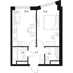 Планировка однокомнатной(квартира) площадью 42.9 квадратных метров в ЖК “ЖК Нексус от Аквилон”