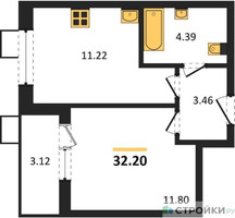 Планировка однокомнатной(квартира) площадью 32.2 квадратных метров в “Жилые кварталы Новое Пушкино”