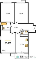 Планировка трехкомнатной(квартира) площадью 74.6 квадратных метров в ЖК “ЖК Датский Квартал”