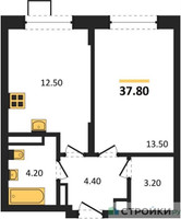 Планировка однокомнатной(квартира) площадью 37.8 квадратных метров в “ЖК ОБЛАКА-2”