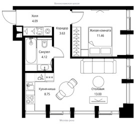 Планировка однокомнатной(квартира) площадью 45.05 квадратных метров в ЖК “ЖК City bay (Сити Бэй)”