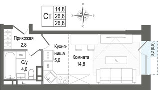 Планировка студии(квартира) площадью 26.6 квадратных метров в “ЖК КИНОКВАРТАЛ”