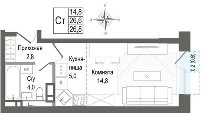 Планировка студии(квартира) площадью 26.6 квадратных метров в ЖК “ЖК КИНОКВАРТАЛ”