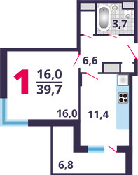 Планировка однокомнатной(квартира) площадью 39.7 квадратных метров в ЖК “ЖК Лидер Парк”