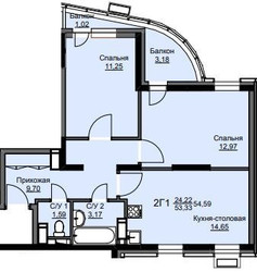 Планировка двухкомнатной(квартира) площадью 54.9 квадратных метров в ЖК “ЖК Соболевка”