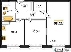 Планировка двухкомнатной(квартира) площадью 53.21 квадратных метров в “ЖК Прибрежный Парк”