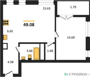 Планировка однокомнатной(квартира) площадью 49.08 квадратных метров в ЖК “ЖК Дюна”