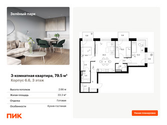 Планировка трехкомнатной(квартира) площадью 79.5 квадратных метров в ЖК “ЖК Зеленый парк”