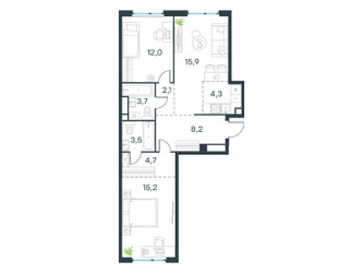 Планировка трехкомнатной(квартира) площадью 69.6 квадратных метров в ЖК “ЖК Левел Мичуринский”