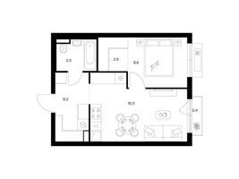 Планировка однокомнатной(квартира) площадью 38.4 квадратных метров в “ЖК Ильинские луга”