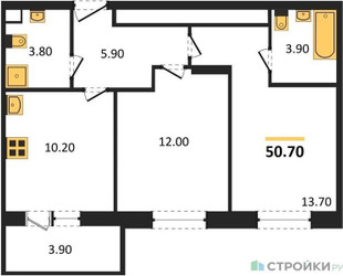 Планировка двухкомнатной(квартира) площадью 50.7 квадратных метров в ЖК “ЖК UP-квартал Скандинавский”