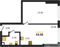 Планировка однокомнатной(квартира) площадью 43.06 квадратных метров в “ЖК Солос”