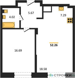 Планировка однокомнатной(квартира) площадью 52.25 квадратных метров в ЖК “ЖК EvoPark Сокольники”
