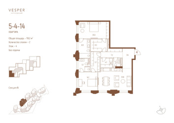 Планировка двухкомнатной(квартира) площадью 118.2 квадратных метров в ЖК “ЖК Квартал Vesper Кутузовский (Веспер)”