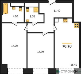 Планировка двухкомнатной(квартира) площадью 70.2 квадратных метров в ЖК “ЖК Мираполис”