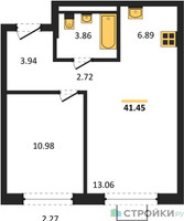 Планировка однокомнатной(квартира) площадью 41.45 квадратных метров в “ЖК Квартал Западный”