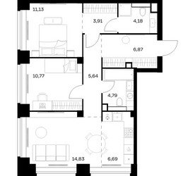 Планировка двухкомнатной(квартира) площадью 68.81 квадратных метров в ЖК “ЖК НОВА”