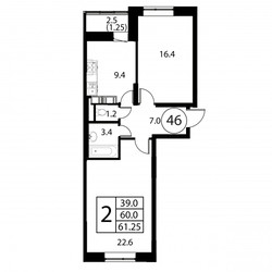 Планировка двухкомнатной(квартира) площадью 61.2 квадратных метров в ЖК “ЖК Космос”