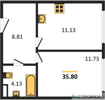 Планировка однокомнатной(апартаменты) площадью 35.8 квадратных метров в “ЖК Движение. Говорово”