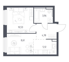 Планировка однокомнатной(квартира) площадью 33 квадратных метров в ЖК “ЖК Квартал Строгино”
