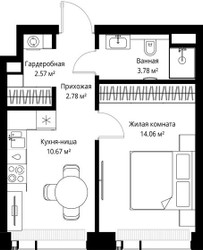 Планировка однокомнатной(квартира) площадью 33.86 квадратных метров в ЖК “ЖК Веер”