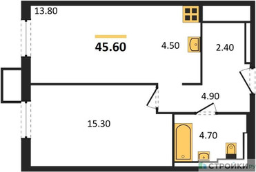 Планировка однокомнатной(квартира) площадью 45.51 квадратных метров в ЖК “ЖК Sky Sputnik (Скай Спутник)”