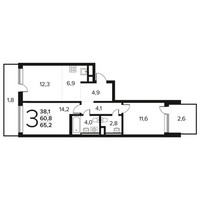 Планировка трехкомнатной(квартира) площадью 65.2 квадратных метров в “Новые Ватутинки. Заречный”