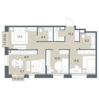 Планировка 4+ комнатной(квартира) площадью 77.4 квадратных метров в “ЖК Станиславский”