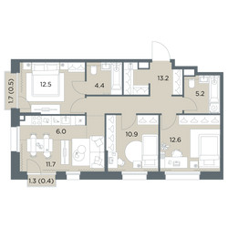 Планировка 4+ комнатной(квартира) площадью 77.4 квадратных метров в ЖК “ЖК Станиславский”