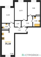Планировка трехкомнатной(квартира) площадью 75.19 квадратных метров в “Ласточкино”