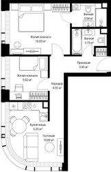 Планировка двухкомнатной(квартира) площадью 57.47 квадратных метров в ЖК “ЖК Веер”
